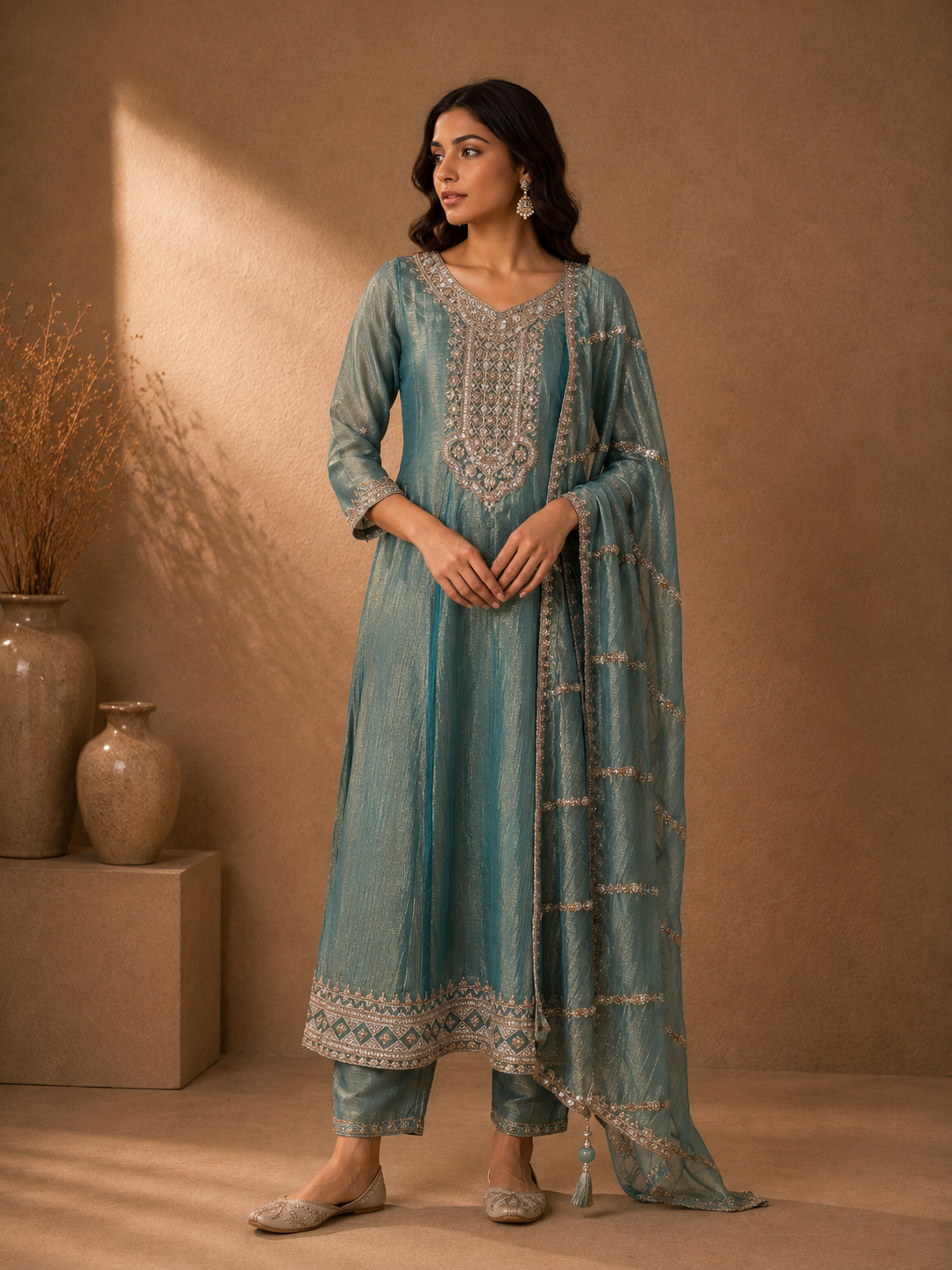 Sea Green Tissue Silk Embroidered Straight Cut Suit Set with Dupatta